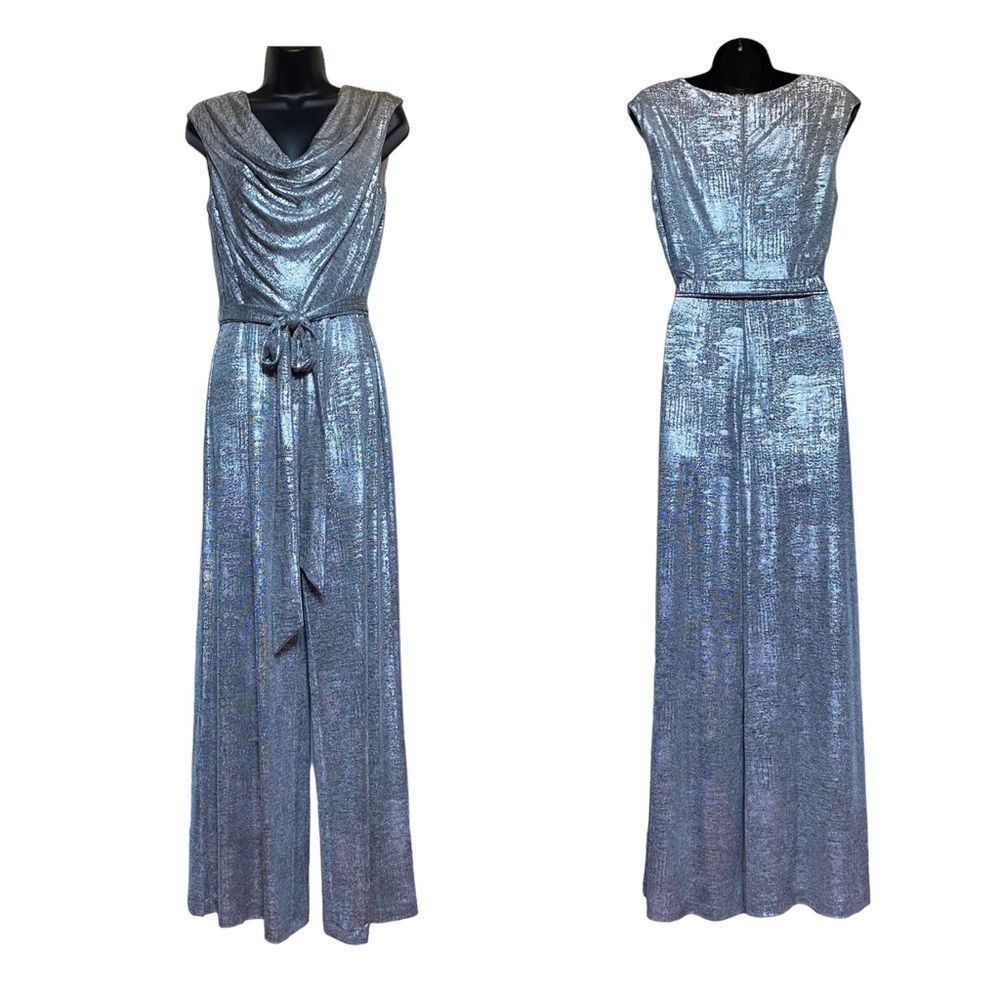 Connected Apparel Uptown Metallic Silver Foil Print Cowl Neck Jumpsuit Sz 8 EUC